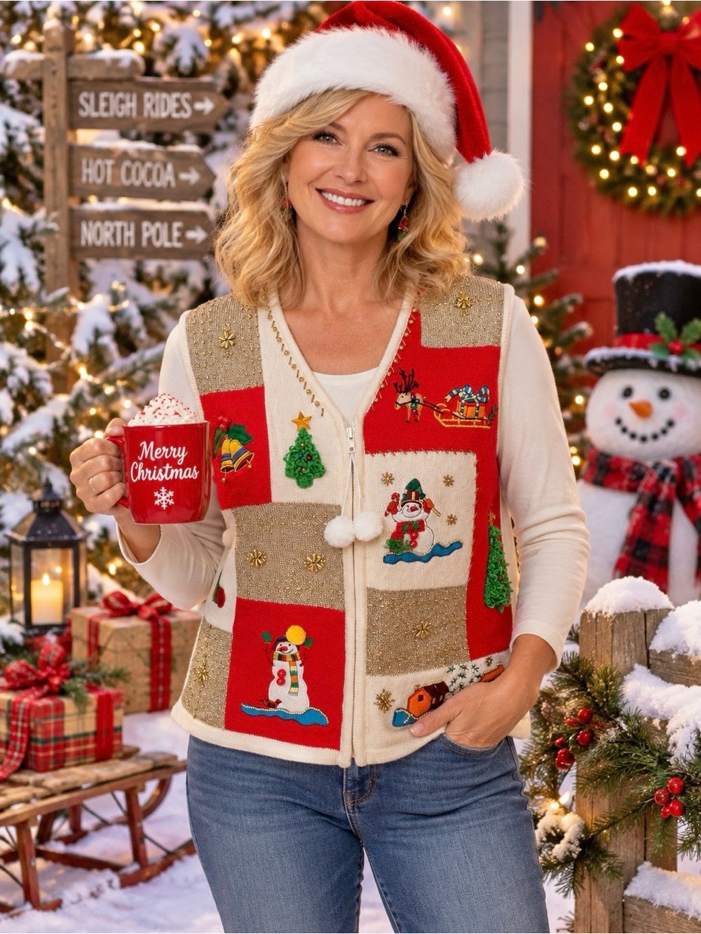 Ugly Christmas Sweater Vest Holiday Time Snowmen 3D Christmas Trees Woman’s Sz L